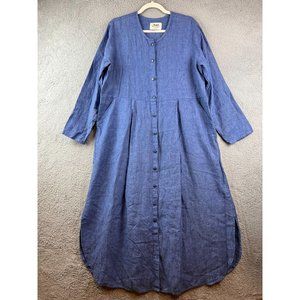 Flax 100% Linen Button Front Maxi Dress Long Sleeves Blue MARKED SM FITS LG